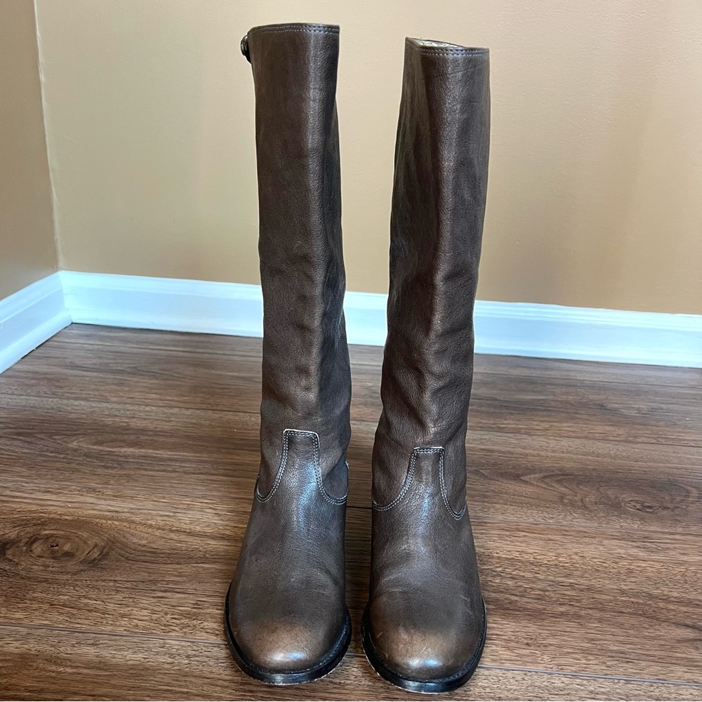 Frye Brown Leather Tall Combat/Moto Boots - Picture 2 of 15